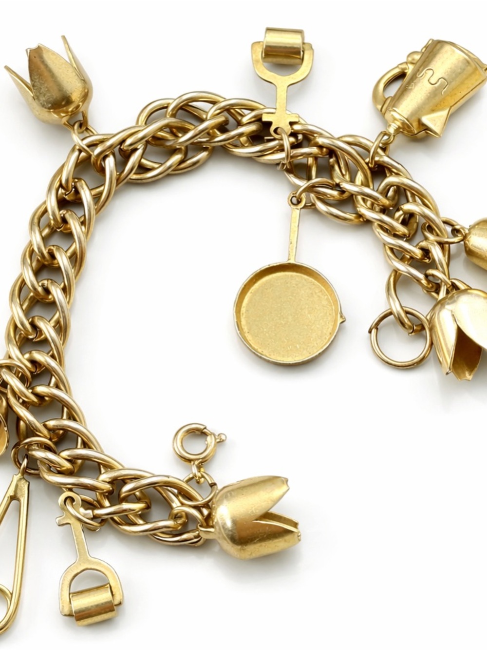 Vintage Gold Charm Bracelet Tulip Spoon Kitchen Theme Chunky Link